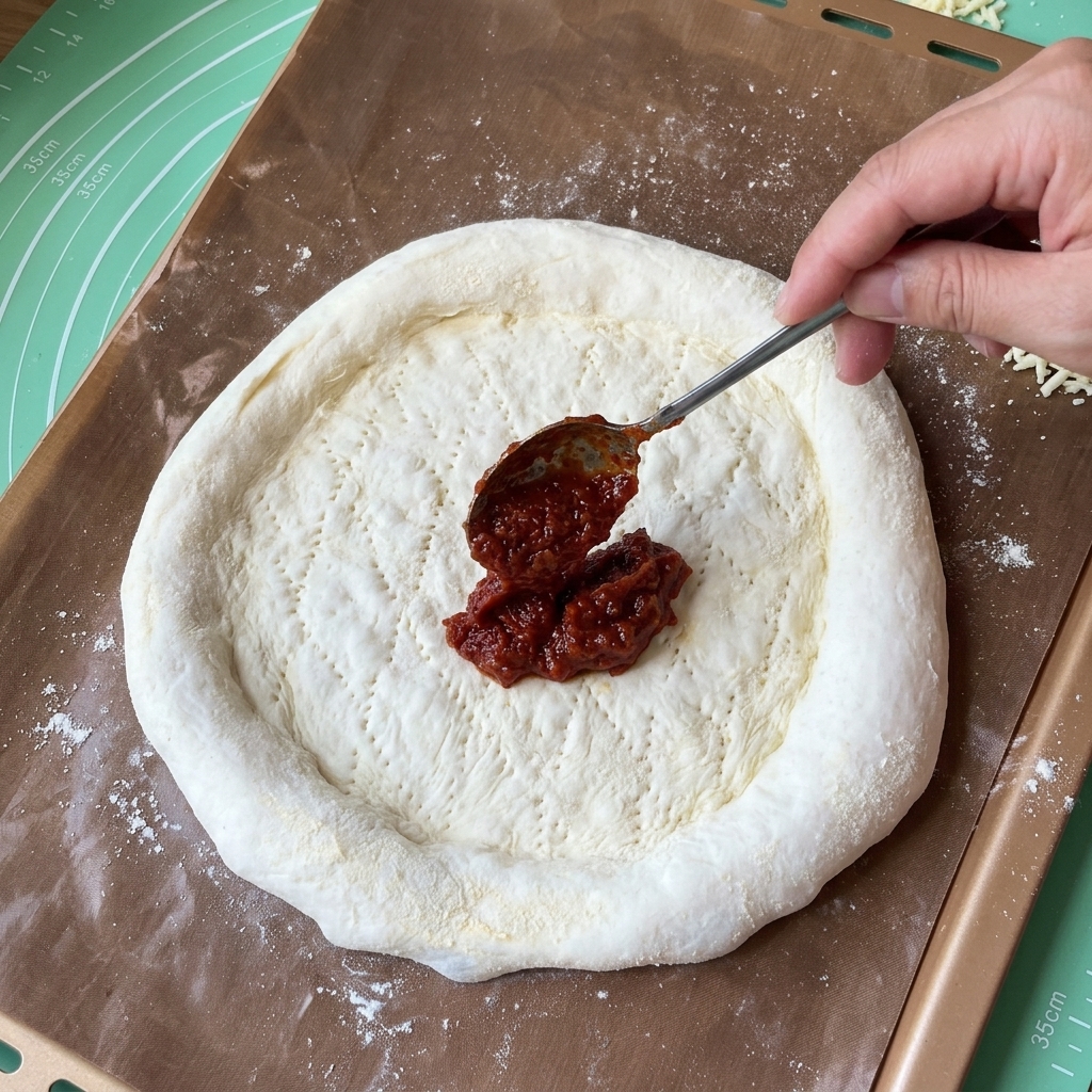 Une main utilisant une cuillère en métal pour étaler une sauce tomate épaisse sur une pâte à pizza.
