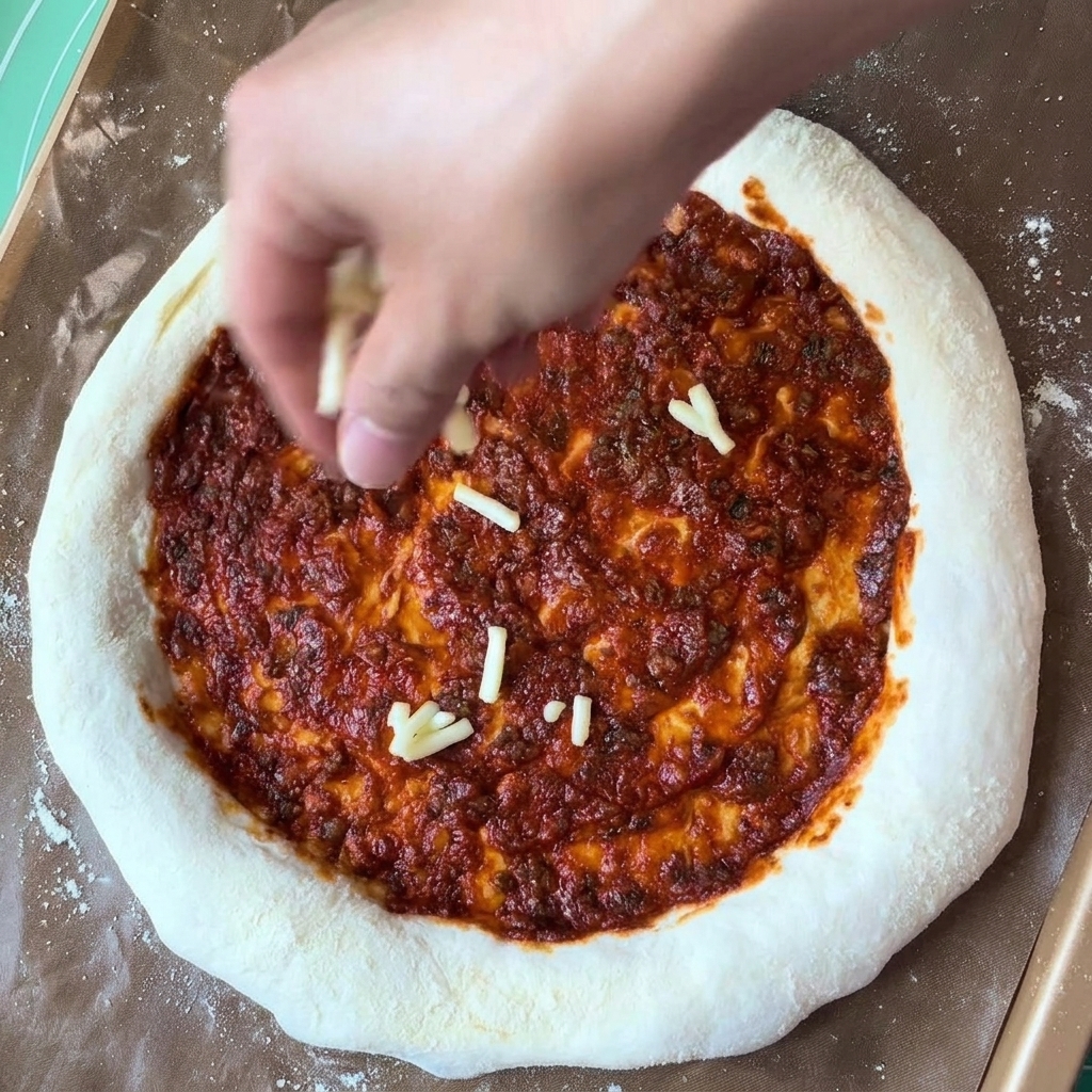 Une main saupoudrant de la mozzarella râpée sur une pâte à pizza recouverte de sauce rouge.