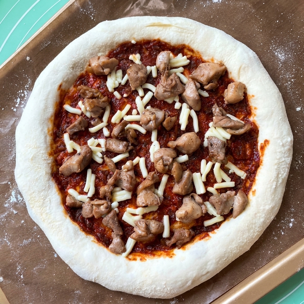 Morceaux de poulet cuits répartis sur une pâte à pizza avec sauce tomate et fromage.