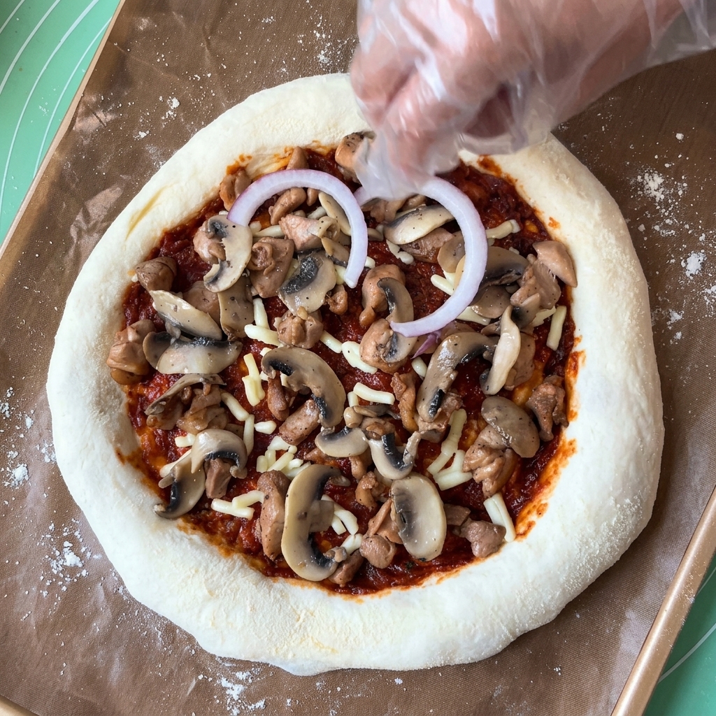 Une main gantée plaçant des rondelles doignon rouge sur une pizza garnie.