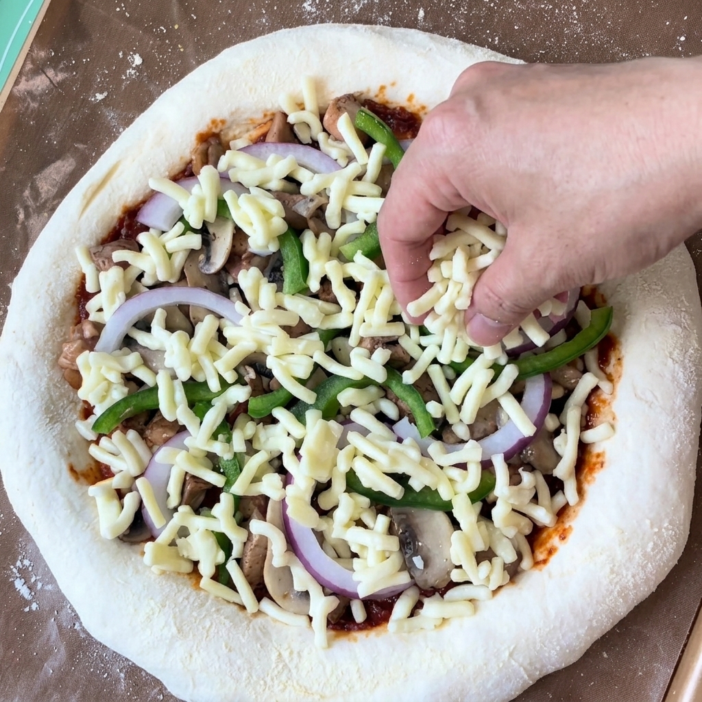 Une main saupoudrant généreusement du fromage sur une pizza garnie avant la cuisson.