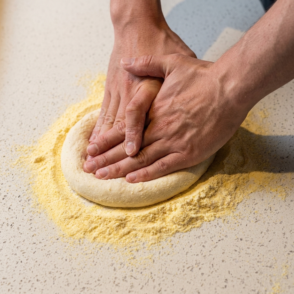 Deux mains pressant une boule de pâte sur un plan de travail blanc fariné.
