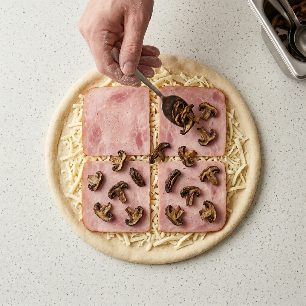 Tranches de champignons rôtis parsemées sur de larges morceaux de bacon sur une base de pizza.