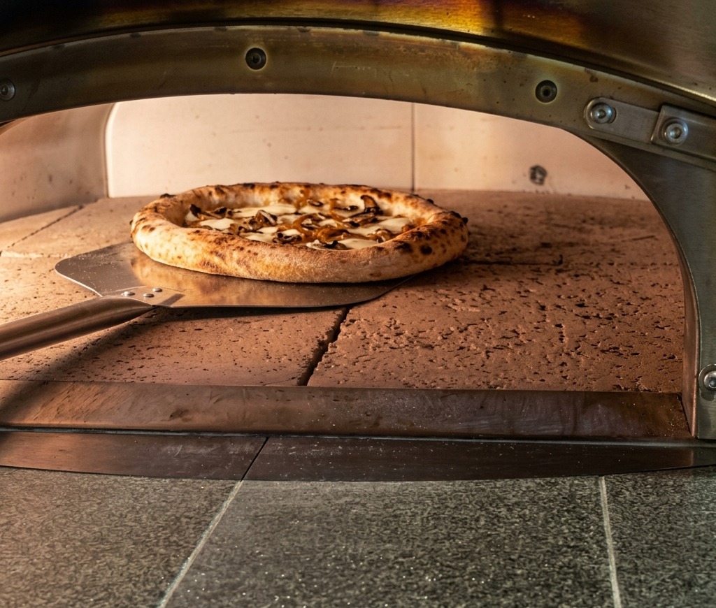 Une pizza assemblée reposant sur une pelle métallique alors quelle est glissée dans un four à pizza brûlant.