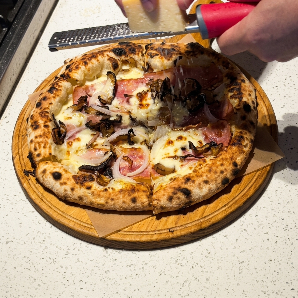 Mains utilisant une râpe pour parsemer du parmesan frais sur une pizza carbonara sortant du four.