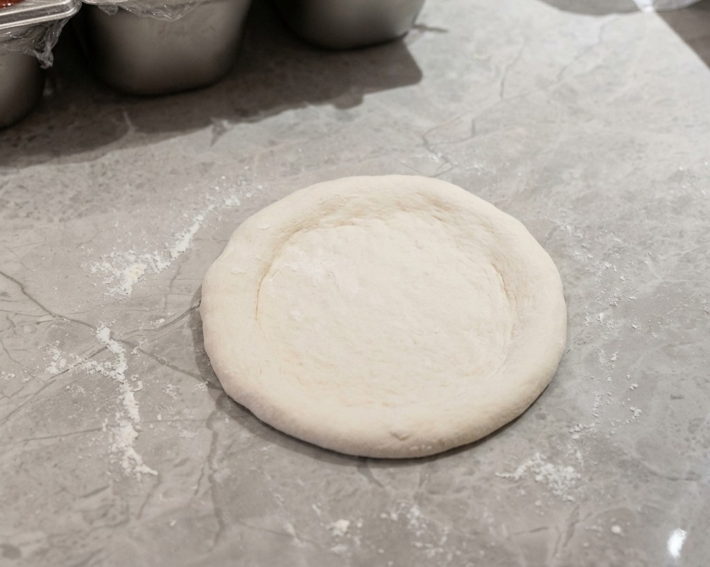 Une boule de pâte à pizza étalée sur une surface farinée.