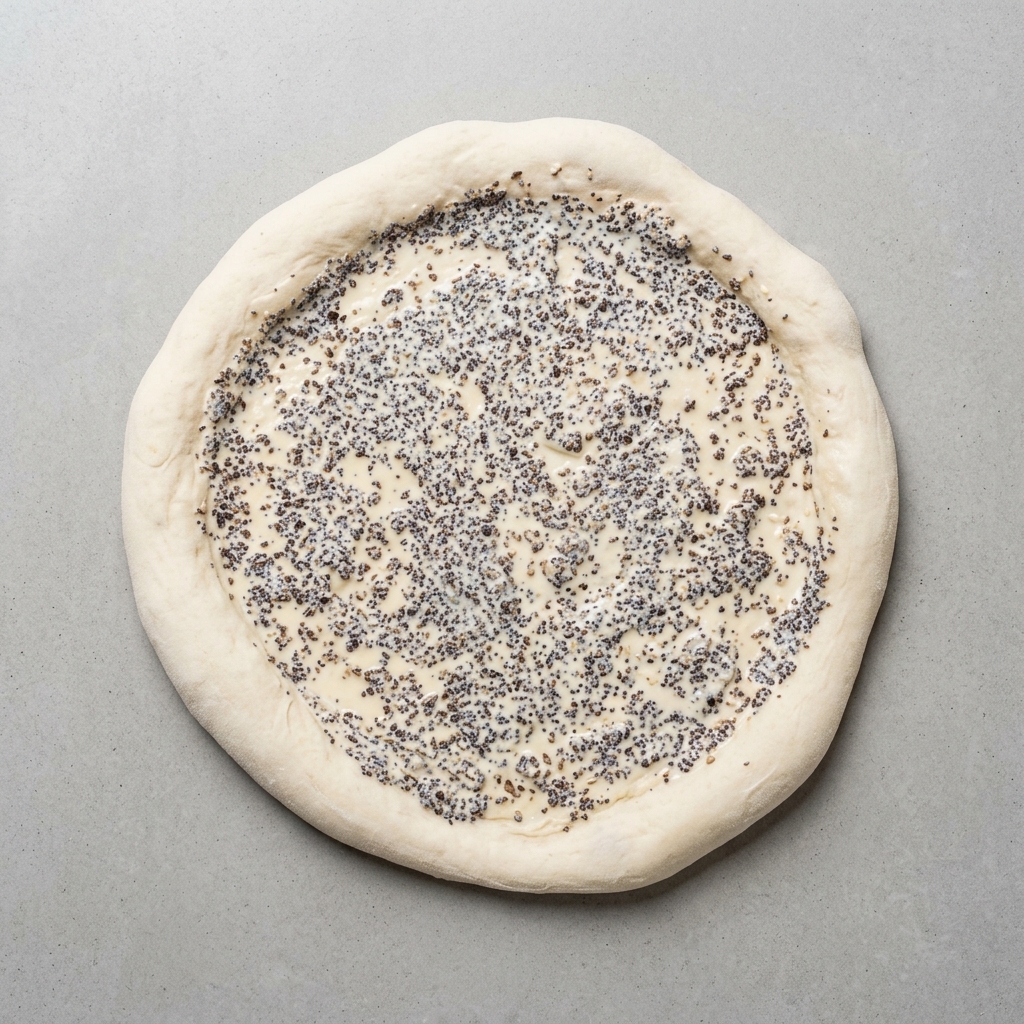 Pâte à pizza recouverte uniformément de sauce à la truffe noire.