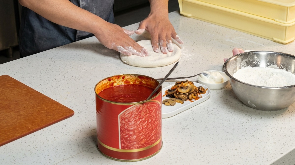 Mains dun chef pressant doucement une boule de pâte à pizza pour laplatir sur un plan de travail blanc.