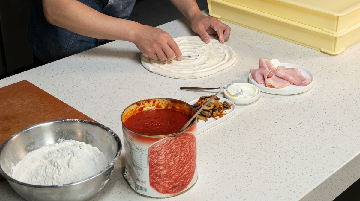 Un chef dispose des lamelles de champignons en cercle sur une base de pizza nappée de sauce blanche.