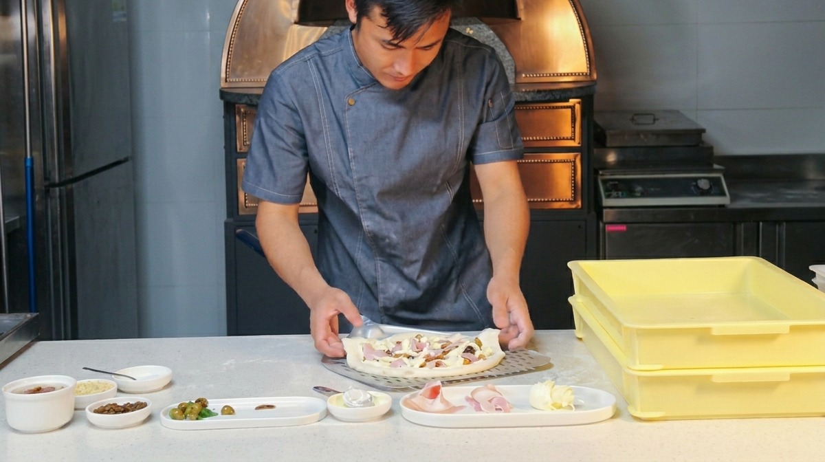 Un chef utilise ses deux mains pour faire glisser rapidement une pizza garnie sur une pelle en métal.