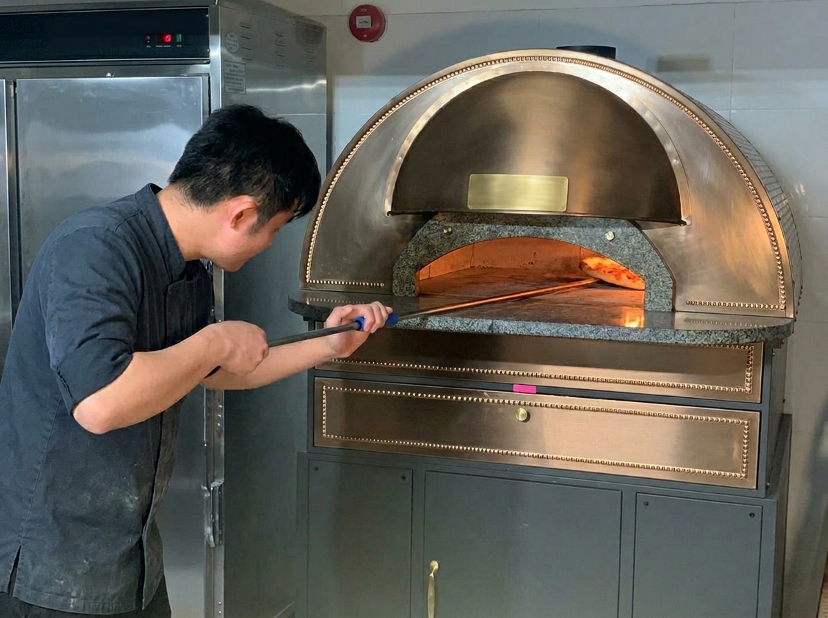 Une personne utilise une pelle à pizza pour faire pivoter une pizza en train de cuire dans un grand four à dôme doré.