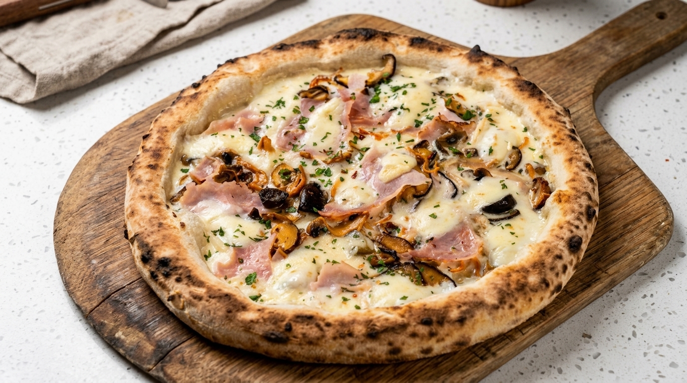 Pizza Blanche Gourmet au Jambon et aux Champignons