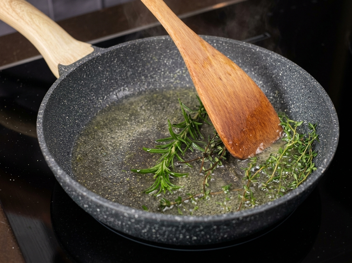 Une spatule en bois remuant des brins de romarin et de thym dans lhuile chaude.