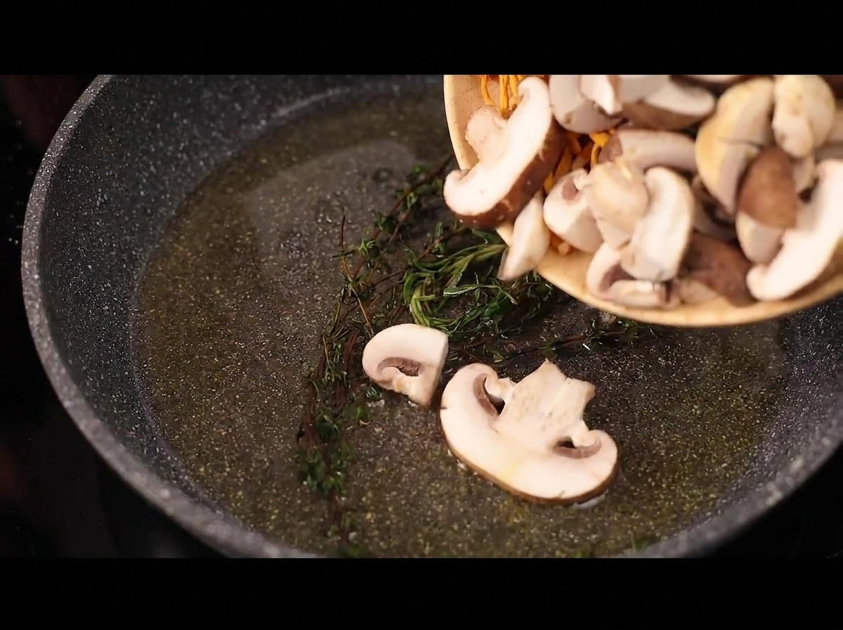 Champignons tranchés et cordyceps orange versés dans la poêle chaude avec les herbes.