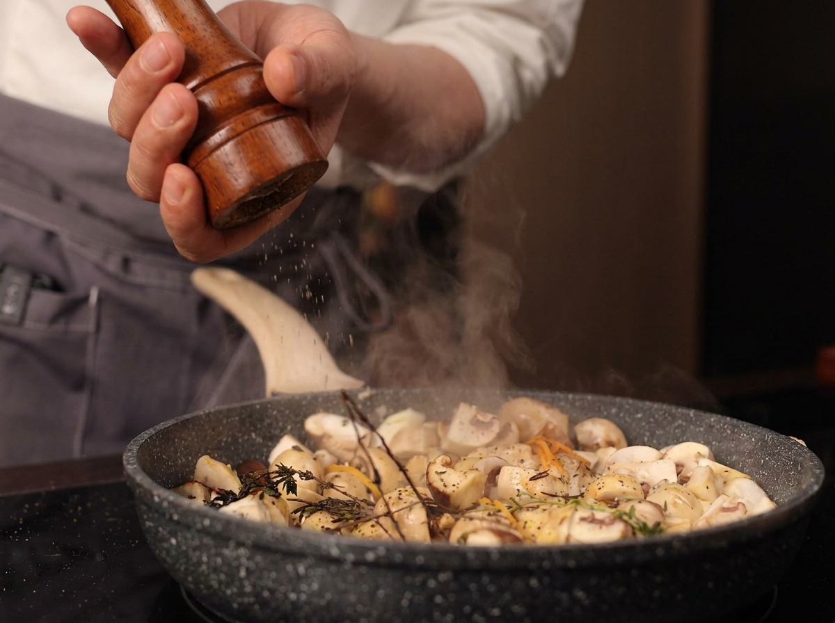 Un chef utilisant un moulin à poivre pour assaisonner les champignons fumants.