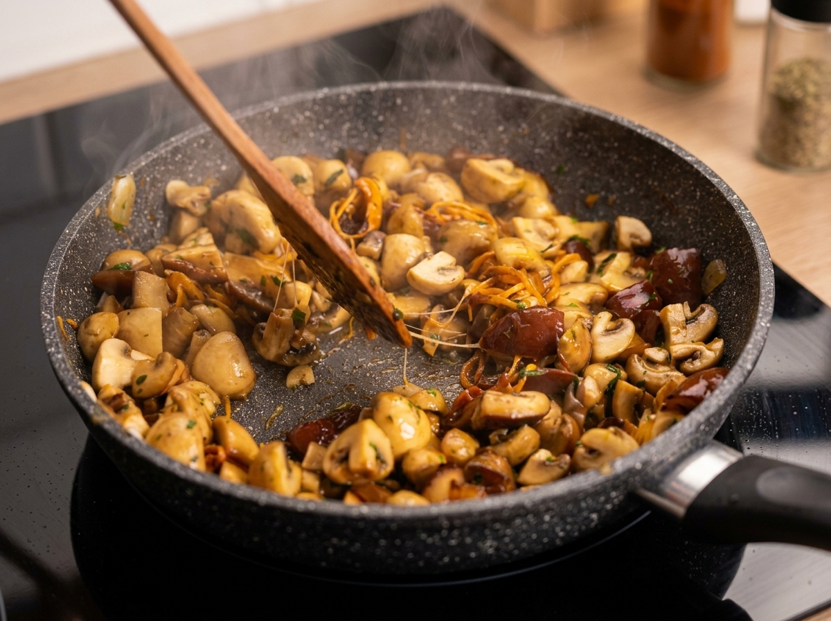 Spatule retournant un mélange de champignons et cordyceps bien dorés dans la poêle.