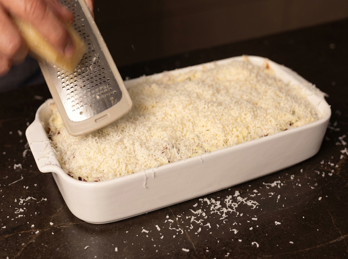 Main utilisant une râpe pour saupoudrer du fromage sur la mozzarella.