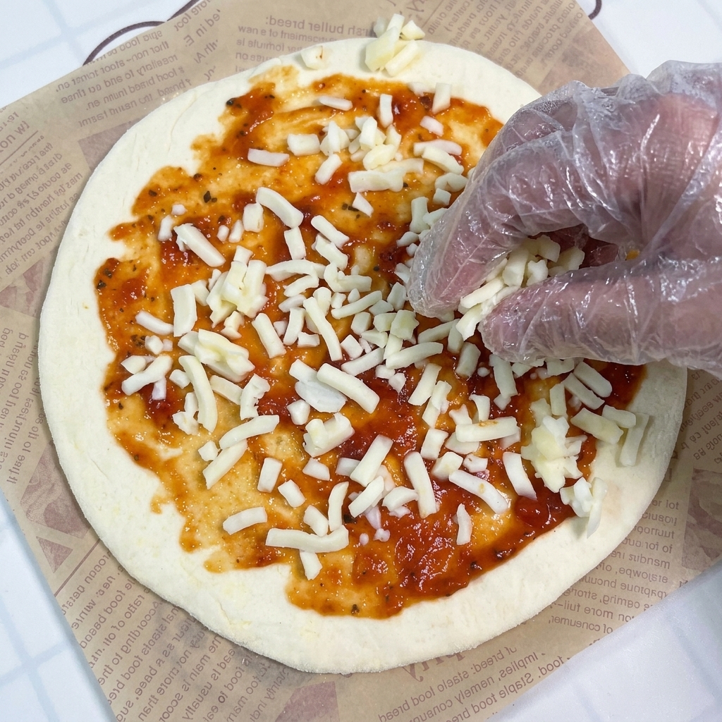 Une main saupoudrant de la mozzarella râpée sur une base de pizza nappée de sauce tomate.