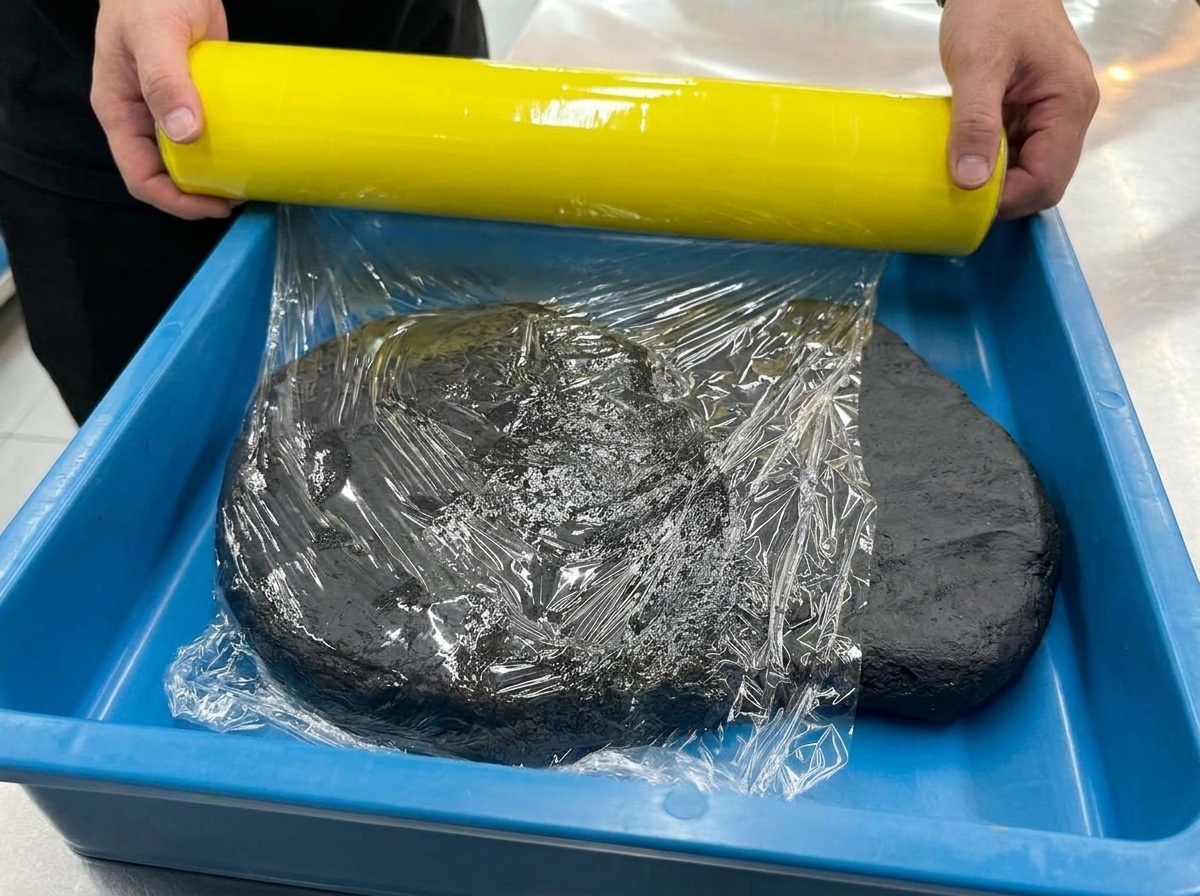 Des mains déroulant du film étirable transparent pour couvrir une pièce de pâte noire aplatie dans un bac bleu.