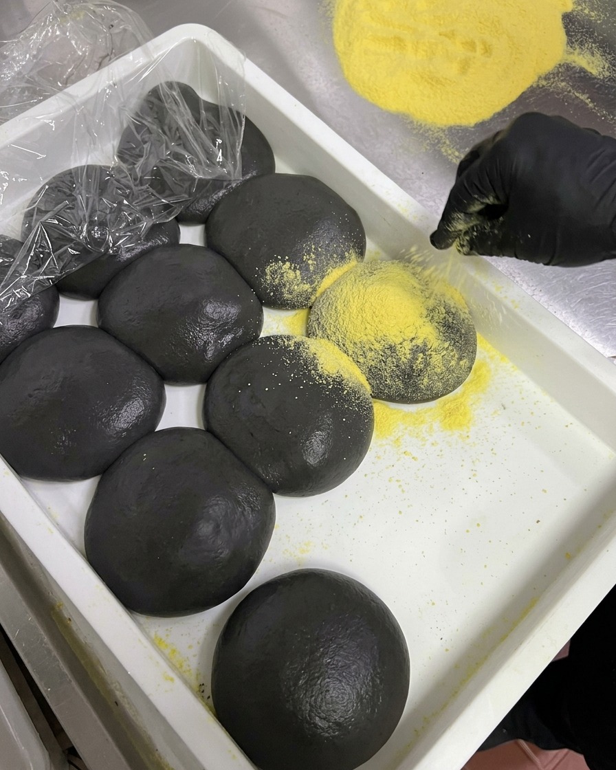 Boules de pâte noire à lencre de seiche dans un plateau blanc saupoudrées de poudre jaune.