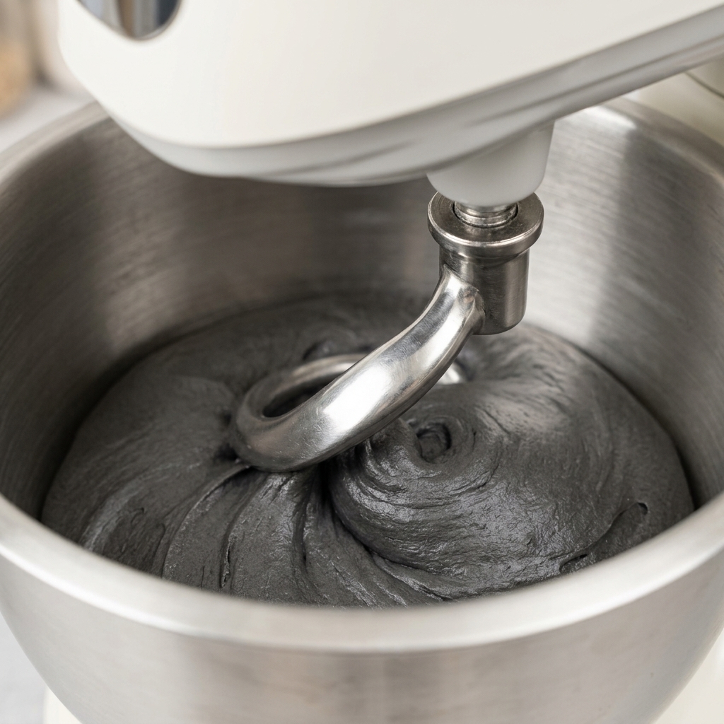 Un robot pâtissier avec un crochet pétrisseur travaillant une pâte gris foncé dans un bol en inox.