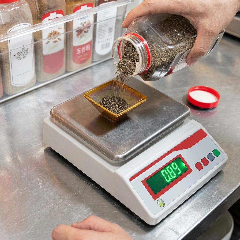 Du poivre noir concassé versé depuis un grand contenant vers un petit plat sur une balance de cuisine.