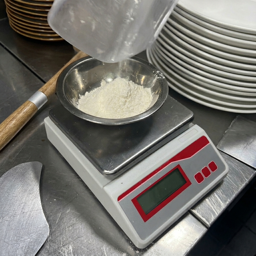 De la farine blanche versée dun contenant en plastique vers un bol en inox posé sur une balance numérique.