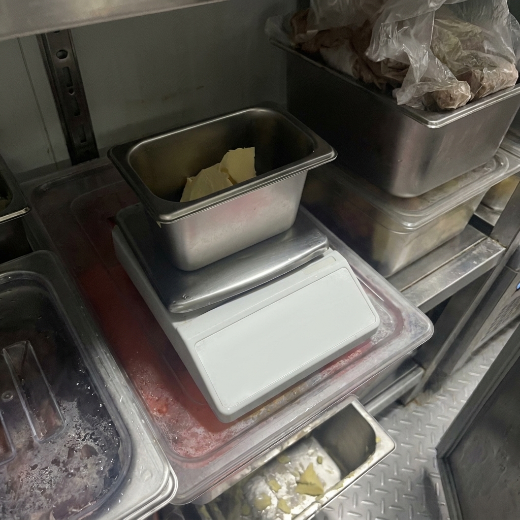 Plusieurs morceaux de beurre jaune pâle déposés dans une casserole en inox sur une balance numérique.