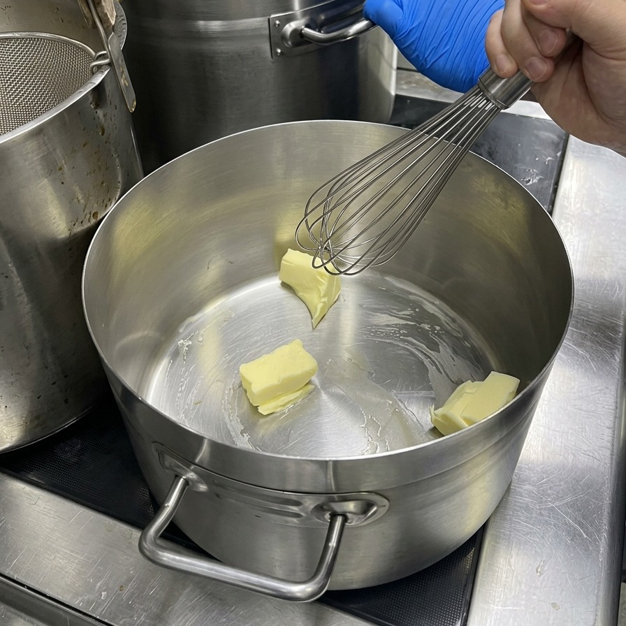 Une main gantée utilisant un fouet pour mélanger des morceaux de beurre en train de fondre dans une grande casserole en inox.