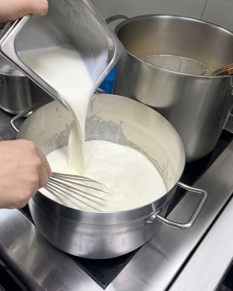 Mélange de lait et de crème versé dun récipient métallique dans une casserole tout en fouettant continuellement.