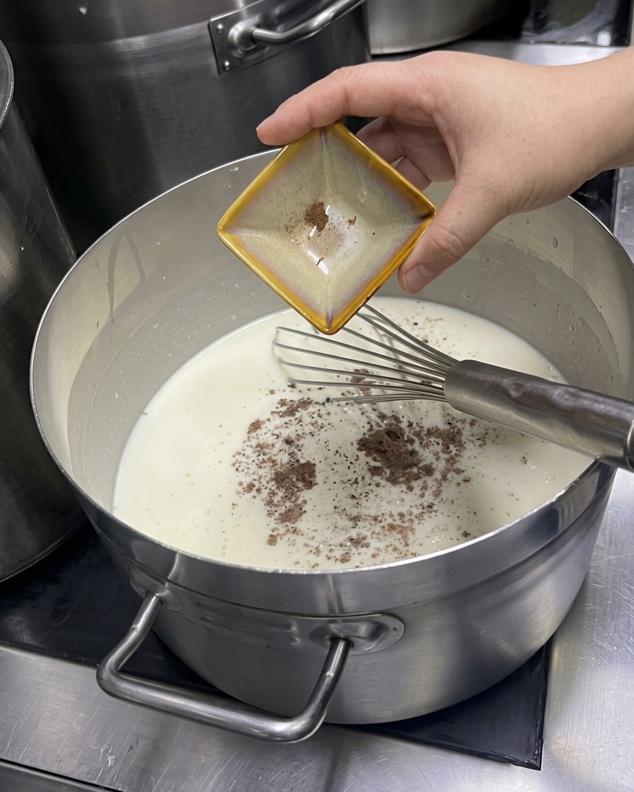 Une main versant des épices depuis un petit plat carré dans une grande casserole de liquide blanc crémeux.