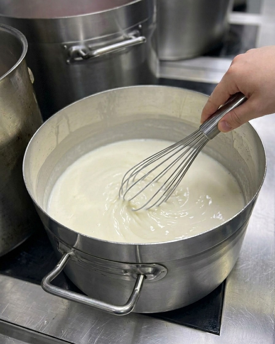 Une main fouettant une sauce blanche épaisse et lisse à lintérieur dune casserole métallique.