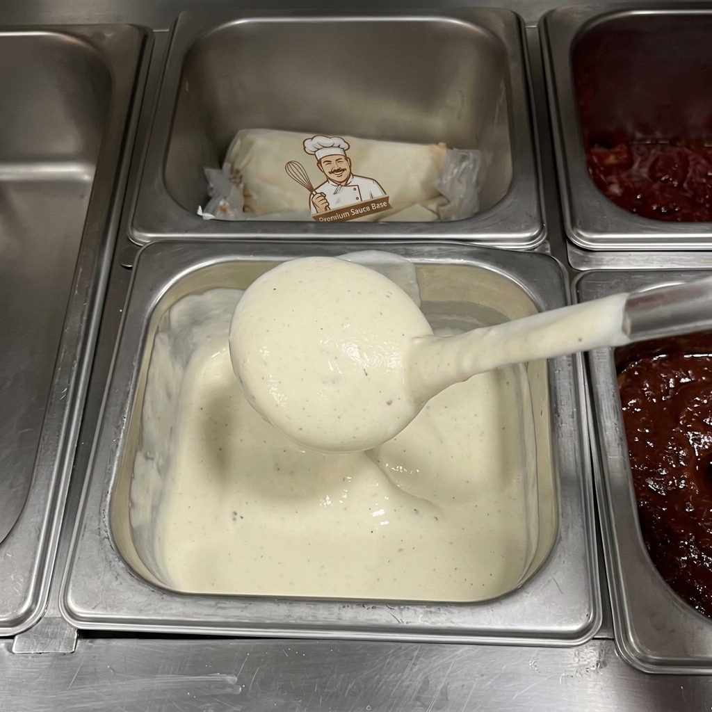 Une louche prélevant une sauce blanche épaisse et crémeuse dans un bac de préparation métallique.