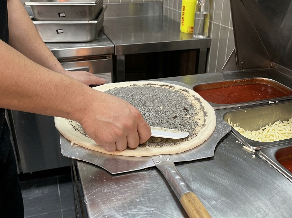 Des mains utilisant une spatule pour étaler uniformément une sauce à la truffe grise sur une pâte à pizza crue.