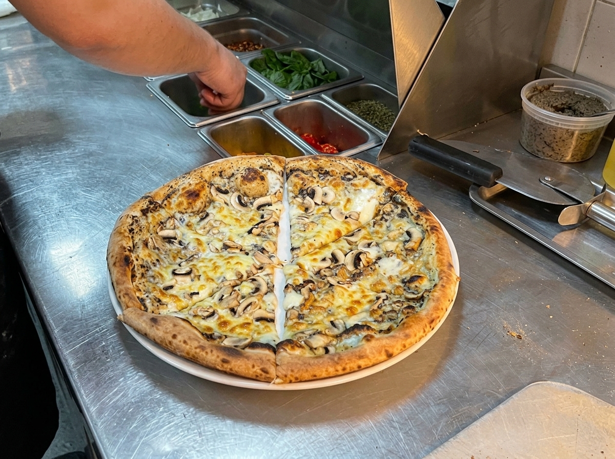 Une pizza aux champignons et à la truffe fraîchement cuite sur un comptoir en inox, avec la main dun chef ajoutant du basilic.