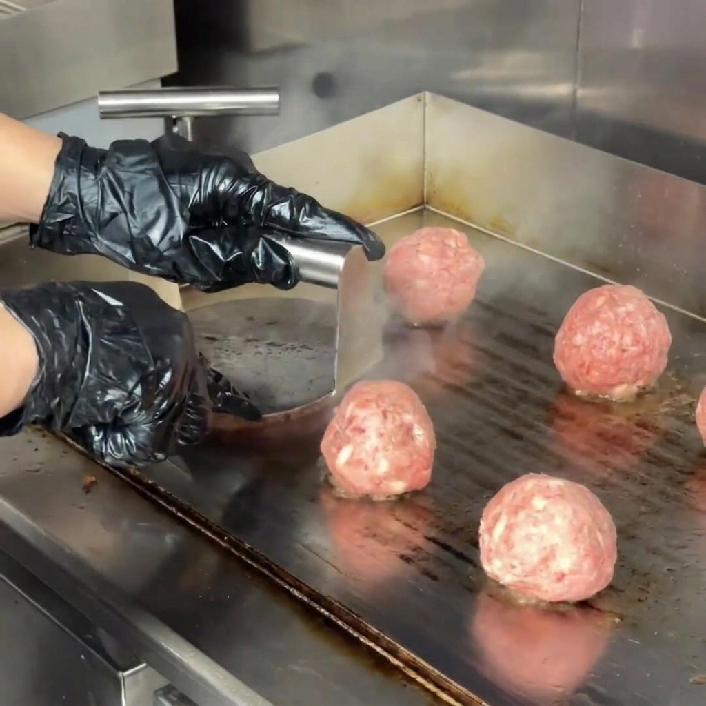 Mains avec gants noirs utilisant une presse à burger en métal pour aplatir une boule de bœuf haché sur une plaque chaude.