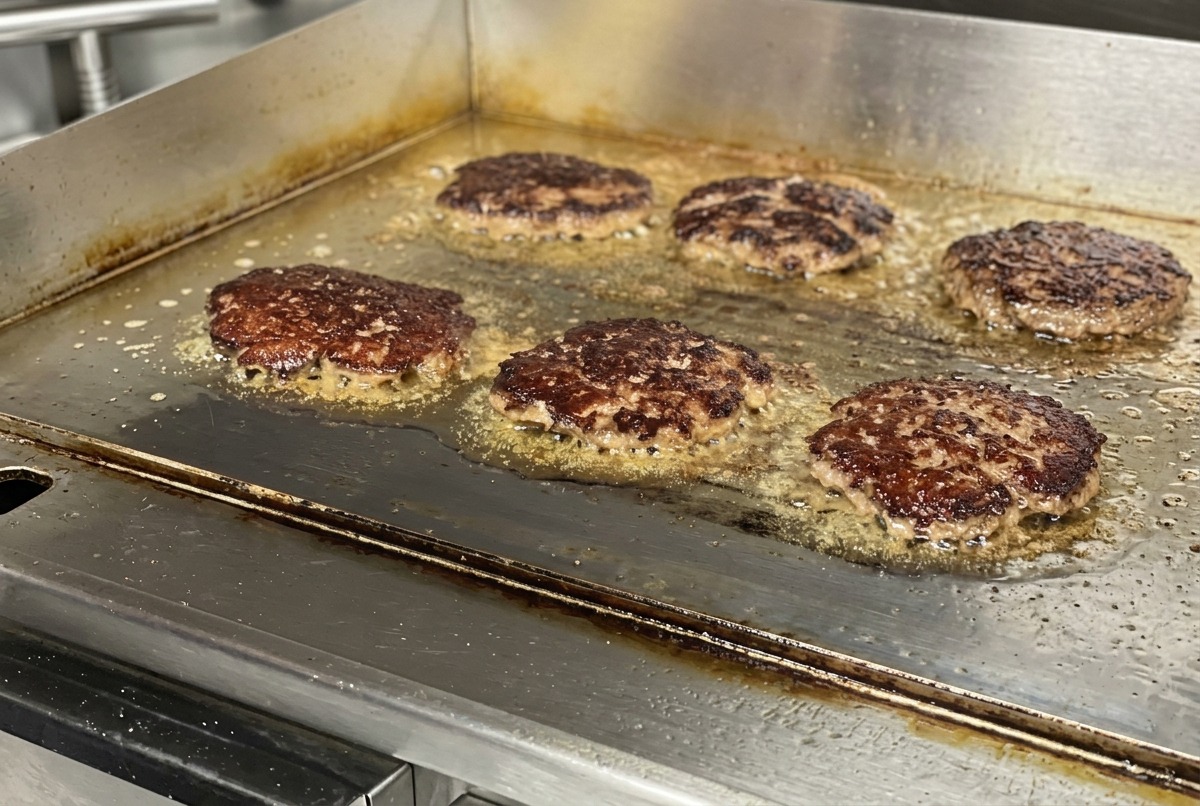 Plusieurs steaks de bœuf retournés sur la plaque montrant une croûte brune croustillante bouillonnant dans leur propre gras.