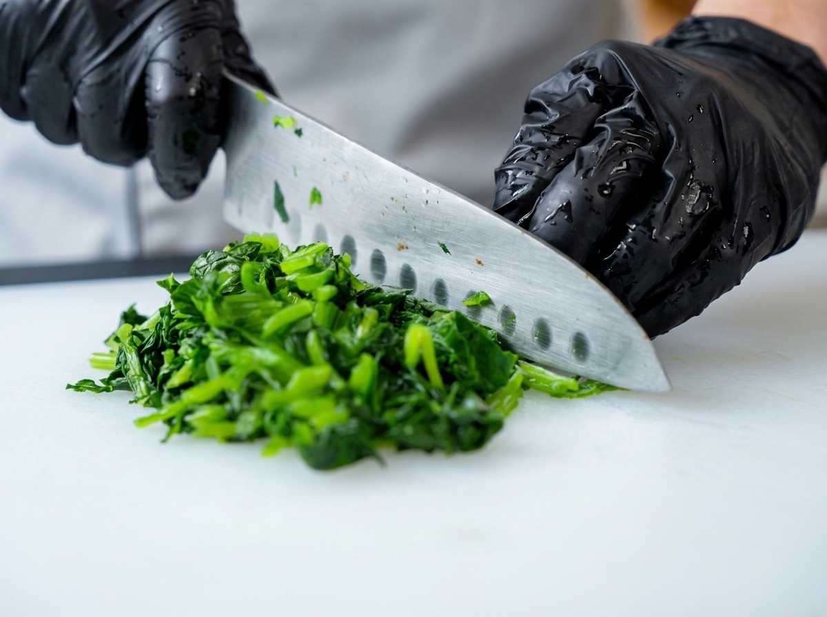 Mains gantées utilisant un couteau de chef pour hacher finement des épinards cuits sur une planche à découper blanche.