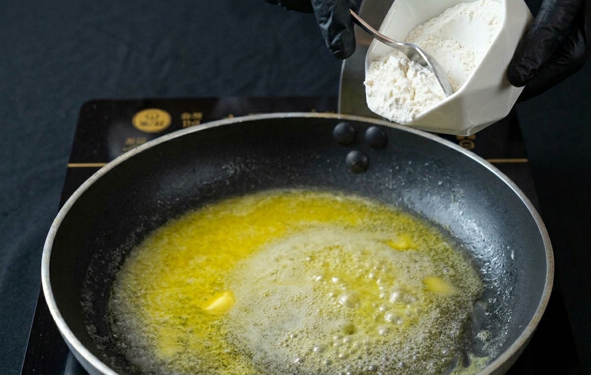 Une main gantée versant de la farine dun petit bol dans du beurre fondu dans une poêle chaude.