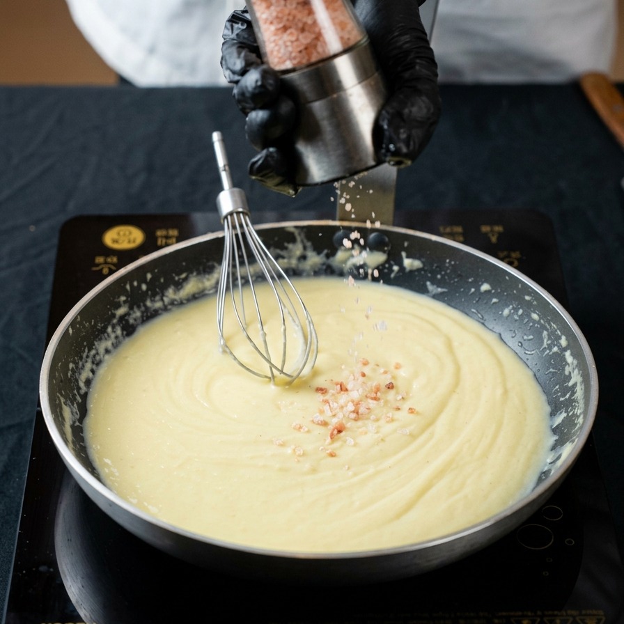 Mains gantées utilisant un moulin pour ajouter du sel de mer rose dans une sauce crémeuse frémissant dans une poêle.