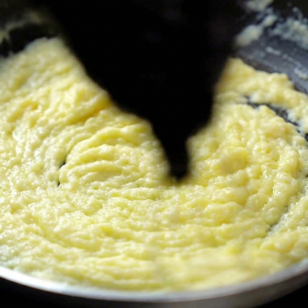 Une sauce à la crème épaisse et frémissante remuée avec une spatule noire dans une poêle.