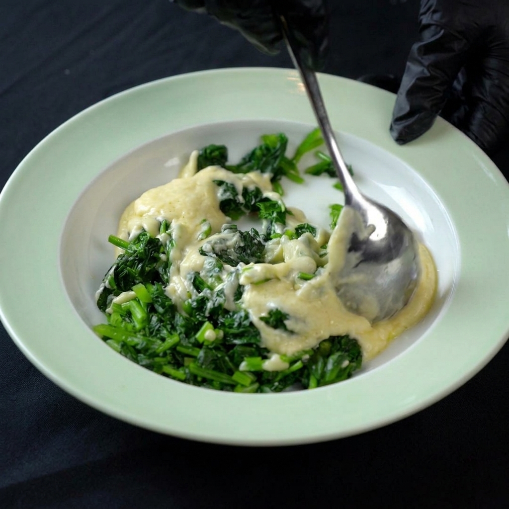Mélange dépinards hachés et de sauce blanche dans un plat peu profond vert clair.