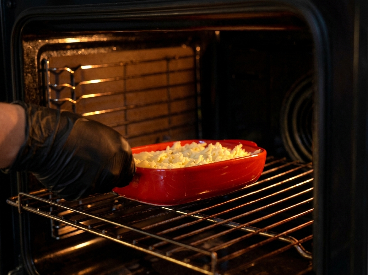 Mains gantées plaçant le plat rouge surmonté de fromage dans un four préchauffé.