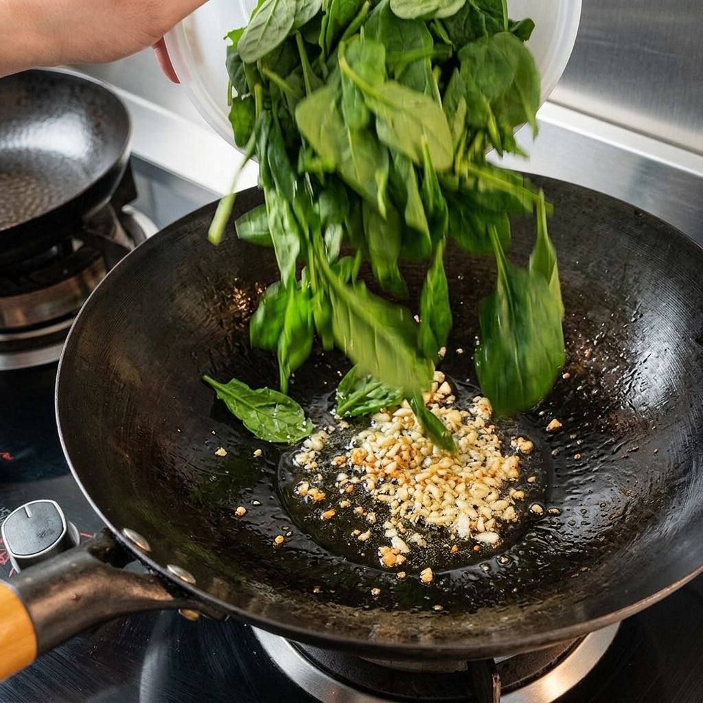 Épinards frais tombant dans un wok chaud contenant de lail émincé et de lhuile de cuisson.