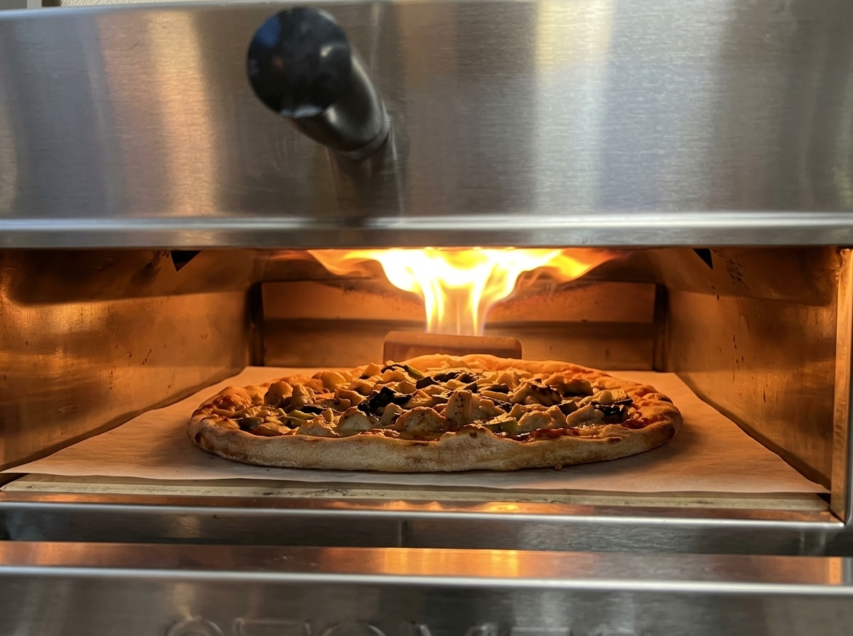 Pizza aux épinards et fromage cuisant dans un four à haute température avec des flammes.