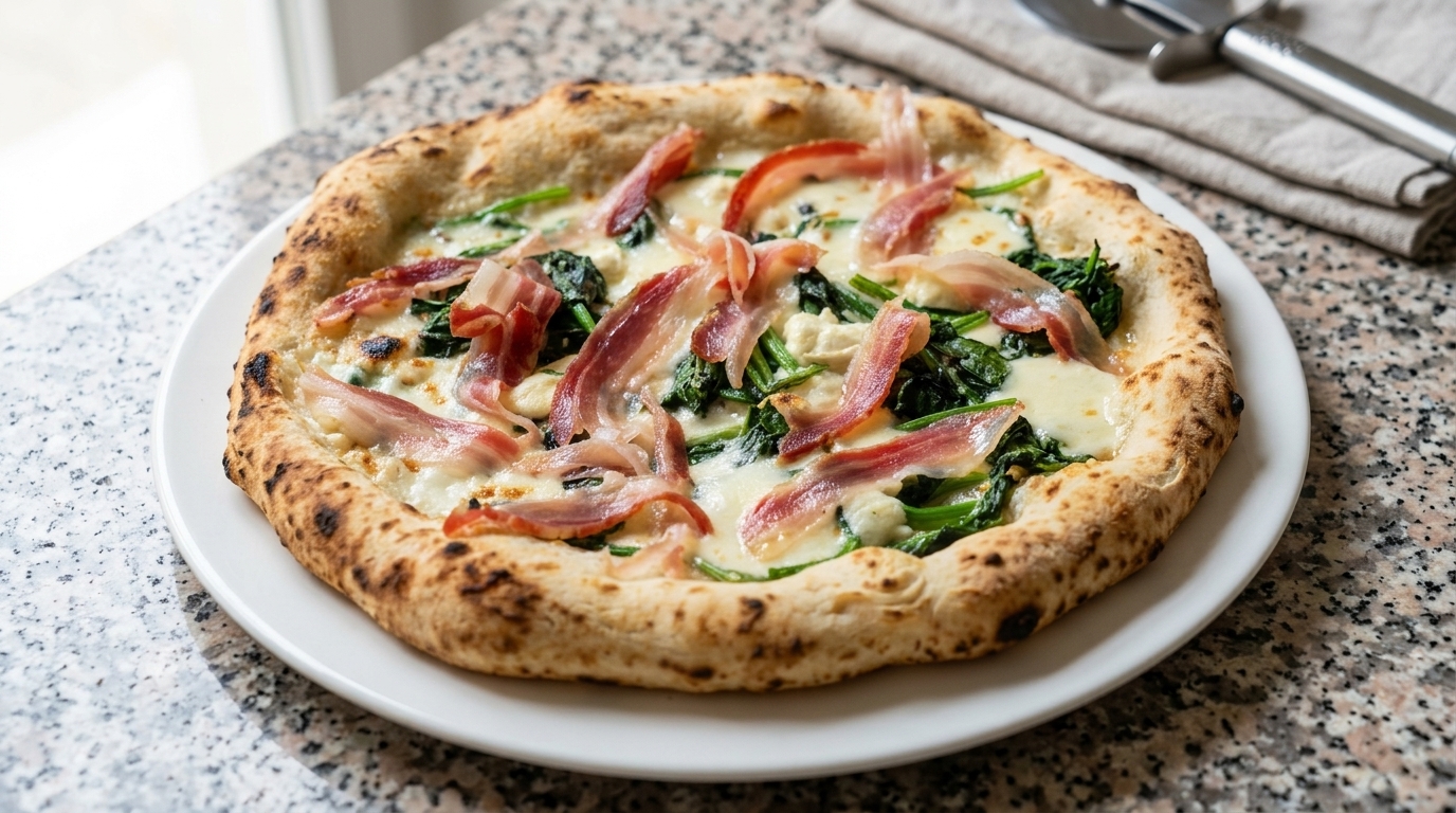 Une pizza artisanale tout juste sortie du four, garnie dépinards à lail, de fromage fondu et de rubans de pancetta.