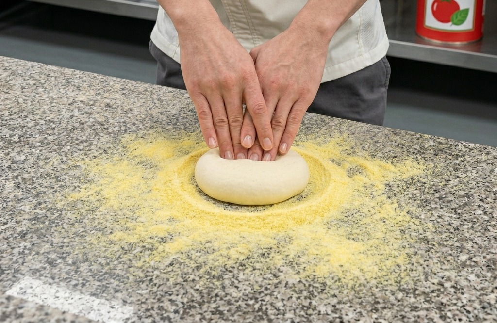 Mains dun chef pressant et façonnant une pâte à pizza ronde sur un plan de travail saupoudré de farine de maïs.