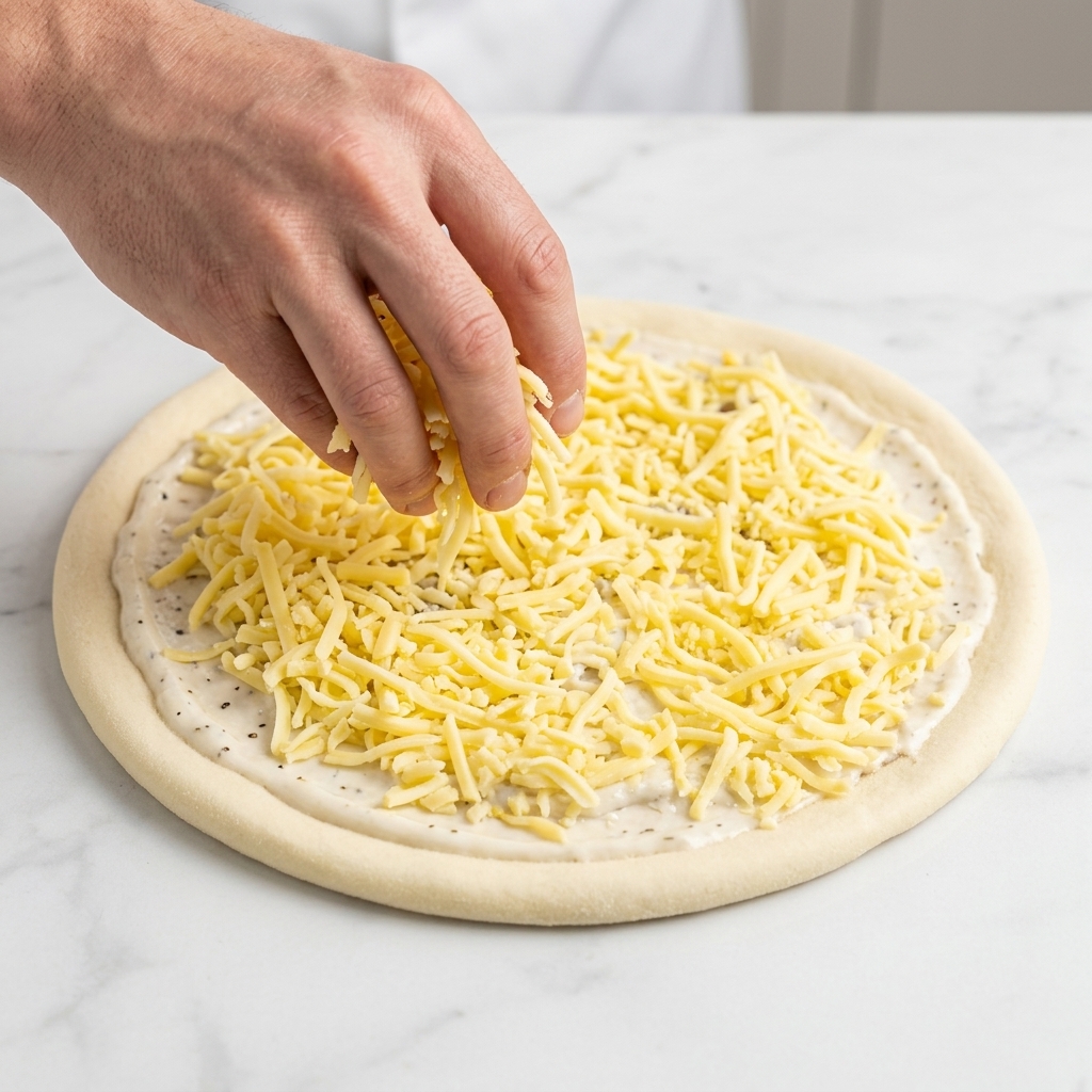Une main parsemant uniformément du fromage mozzarella râpé sur la sauce blanche.