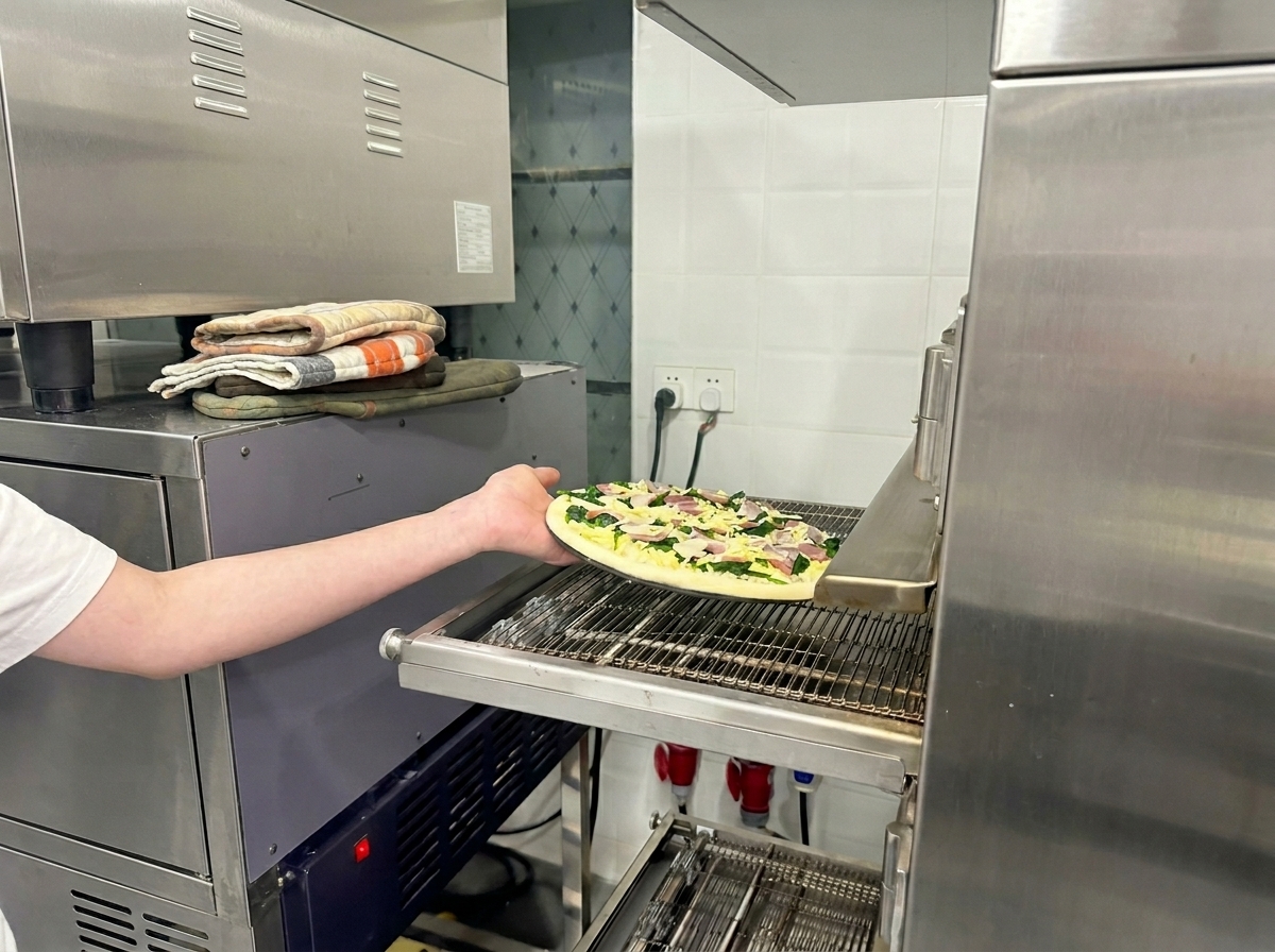 Le bras dune personne déposant la pizza crue sur le tapis roulant dun four à pizza professionnel.
