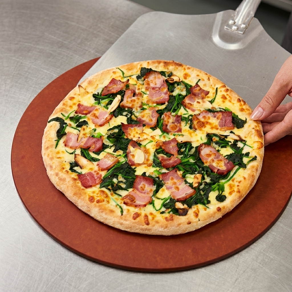 Une pizza dorée avec des épinards fondants et du bacon grillé retirée du four avec une pelle à pizza en métal.